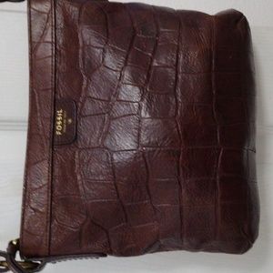 Fossil Croc Embossed Leather Crossbody Chocolate Brown